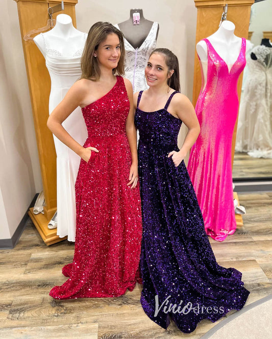 Burgundy Sequin Prom Dresses with Pockets One Shoulder Formal Gown FD3293-prom dresses 2025 -Viniodress-Burgundy-Custom Size-