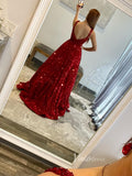 Burgundy Sequin Prom Dresses with Pockets Wide Strap Evening Gown FD3575-prom dresses-Viniodress-Viniodress