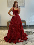 Burgundy Sequin Prom Dresses with Pockets Wide Strap Evening Gown FD3575-prom dresses-Viniodress-Viniodress