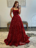 Burgundy Sequin Prom Dresses with Pockets Wide Strap Evening Gown FD3575