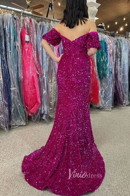 Burgundy Sequin Prom Dresses With Slit Mermaid Off the Shoulder Evening Dress FD3130-prom dresses 2025 -Viniodress-Red-Custom Size-