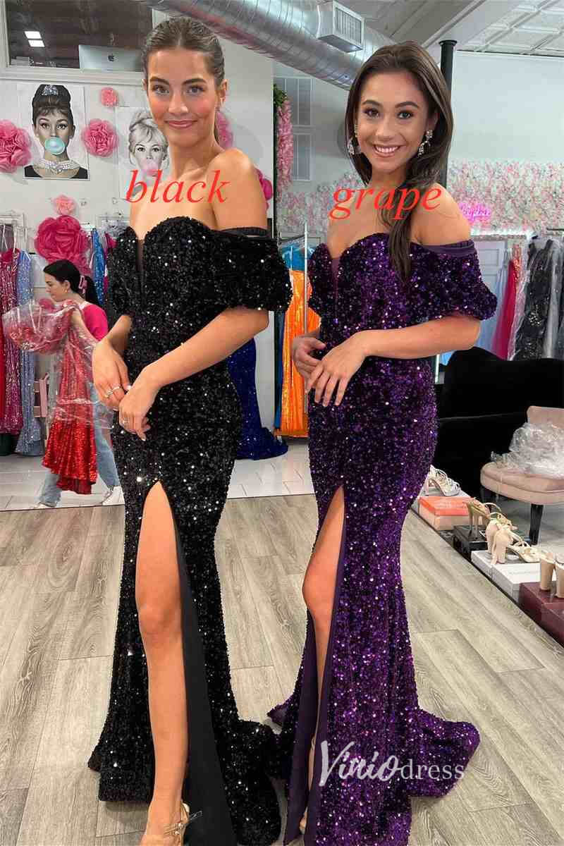 Burgundy Sequin Prom Dresses With Slit Mermaid Off the Shoulder Evening Dress FD3130-prom dresses 2025 -Viniodress-Red-Custom Size-