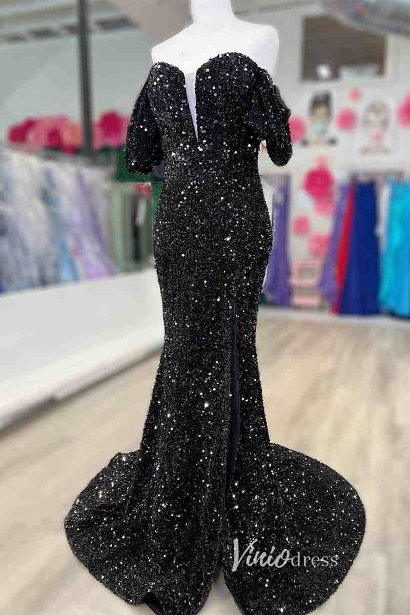 Prom Dress 2025 Burgundy Sequin Prom Dresses With Slit Mermaid Off the Shoulder Evening Dress FD3130-unique prom dresses-Black-Custom Size-Viniodress