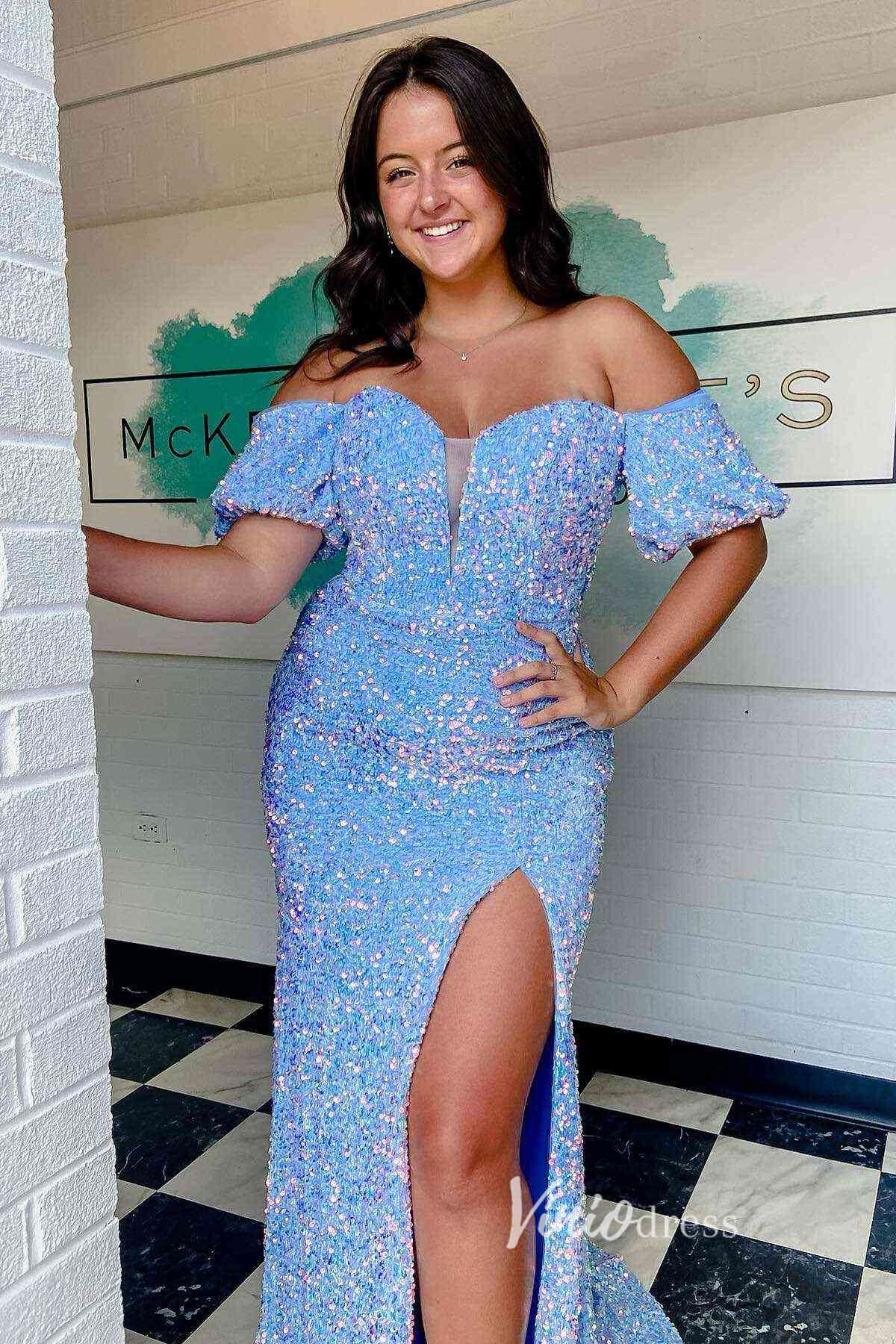 Prom Dress 2025 Burgundy Sequin Prom Dresses With Slit Mermaid Off the Shoulder Evening Dress FD3130-unique prom dresses-Light Blue-Custom Size-Viniodress