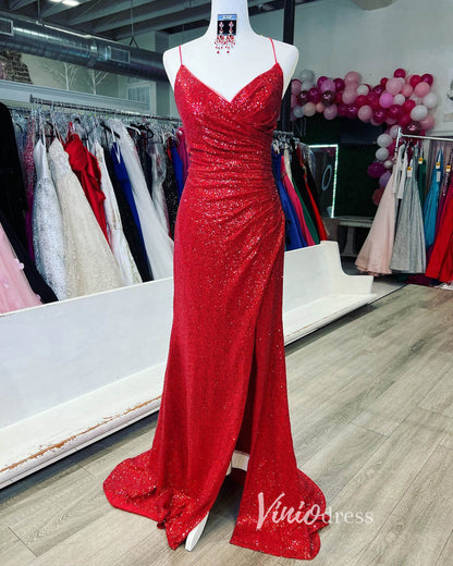 Burgundy Sequin Prom Dresses with Slit Mermaid Spaghetti Strap Evening Dress FD3292-prom dresses 2025 -Viniodress-Burgundy-Custom Size-