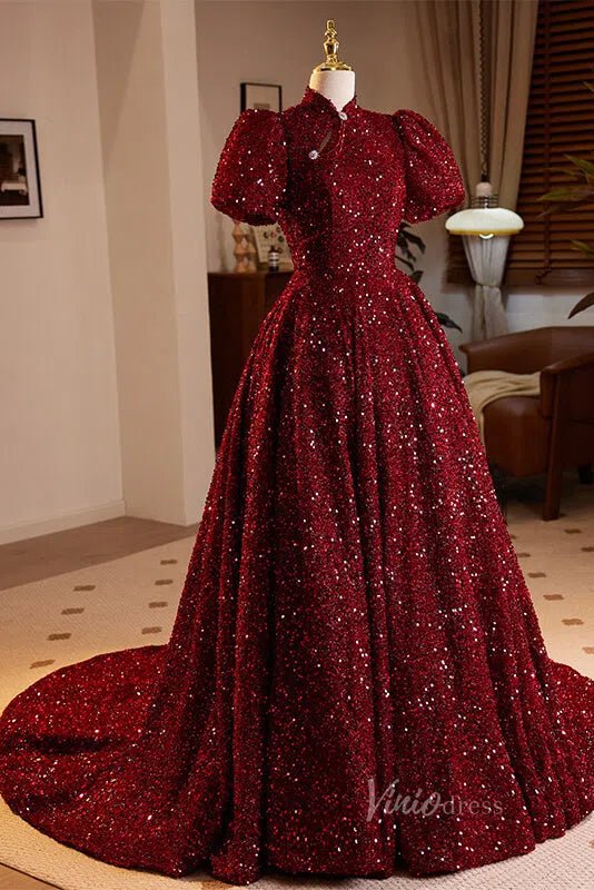 Burgundy Sequin Quinceanera Dresses Puffed Sleeve Formal Gown AD1058-Quinceanera Dresses 2025 -Viniodress-Burgundy-Custom Size-