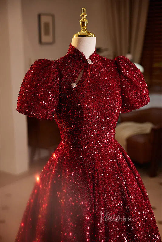 Burgundy Sequin Quinceanera Dresses Puffed Sleeve Formal Gown AD1058-Quinceanera Dresses-Viniodress-Viniodress