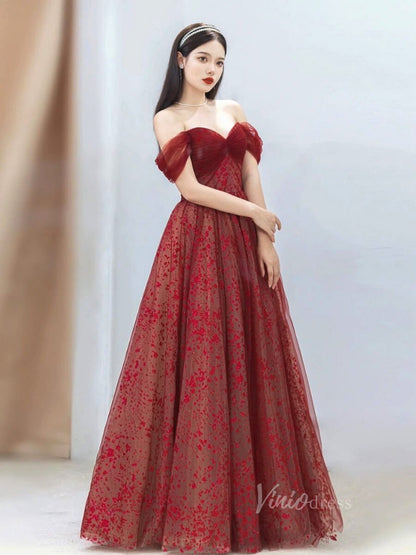 Burgundy Shimmering Tulle Prom Dresses Off the Shoulder Formal Dress AD1075-prom dresses 2025 -Viniodress-Burgundy-Custom Size-