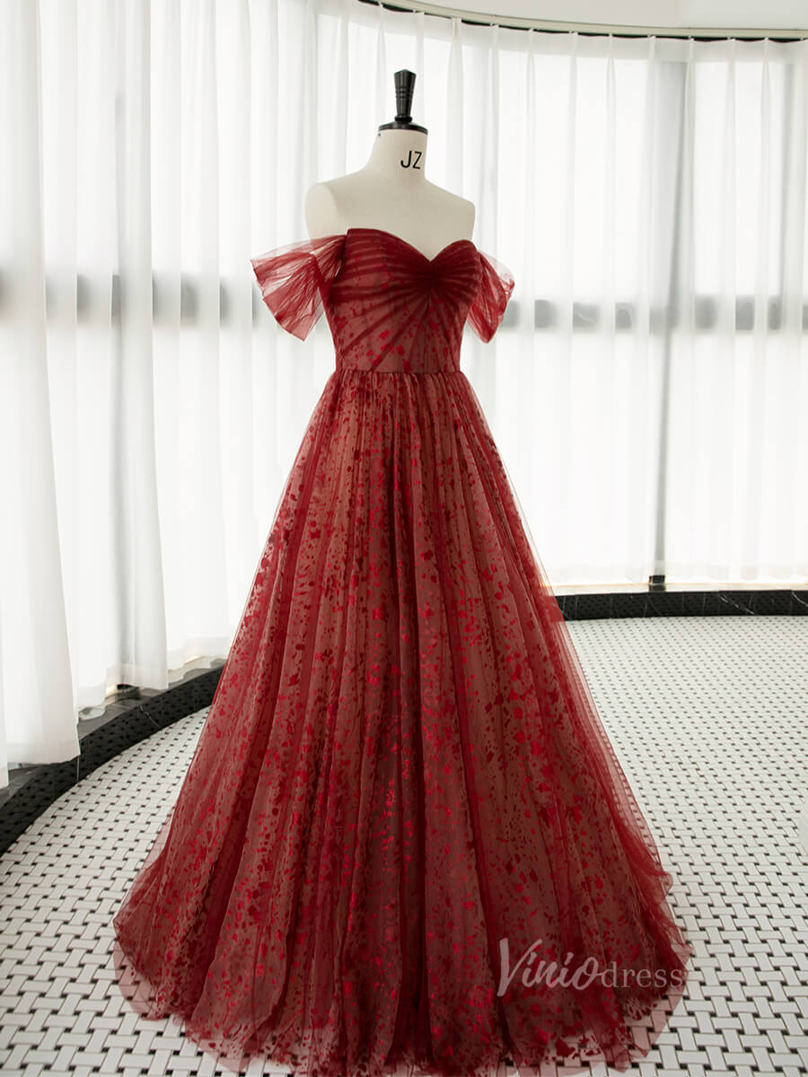 Burgundy Shimmering Tulle Prom Dresses Off the Shoulder Formal Dress AD1075-prom dresses 2025 -Viniodress-Burgundy-Custom Size-