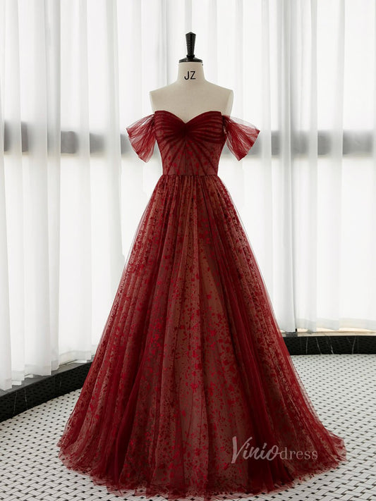 Burgundy Shimmering Tulle Prom Dresses Off the Shoulder Formal Dress AD1075-prom dresses 2025 -Viniodress-Burgundy-Custom Size-
