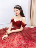 Burgundy Shimmering Tulle Prom Dresses Off the Shoulder Formal Dress AD1075-prom dresses-Viniodress-Viniodress