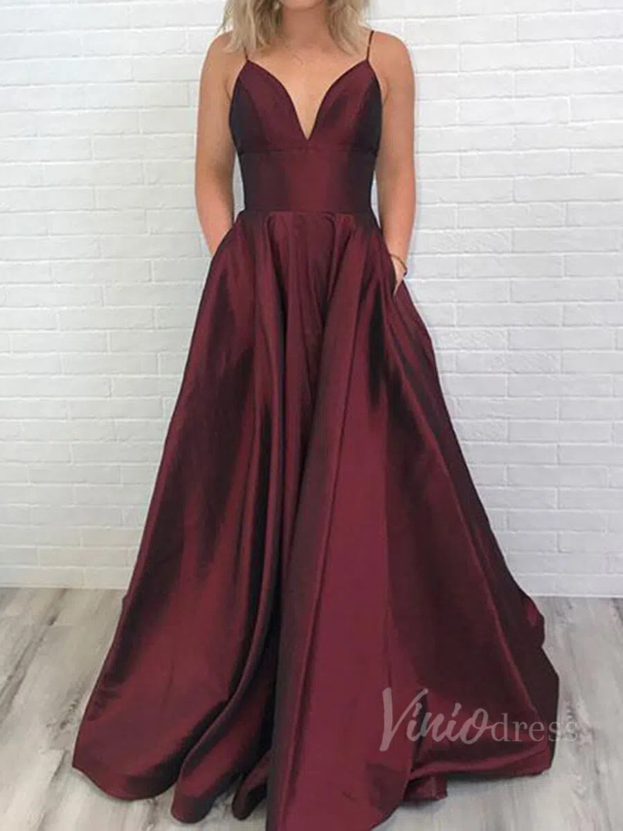 Burgundy Spaghetti Strap Long Prom Dresses with Pockets FD1596-prom dresses 2025 -Viniodress-Burgundy-Custom Size-