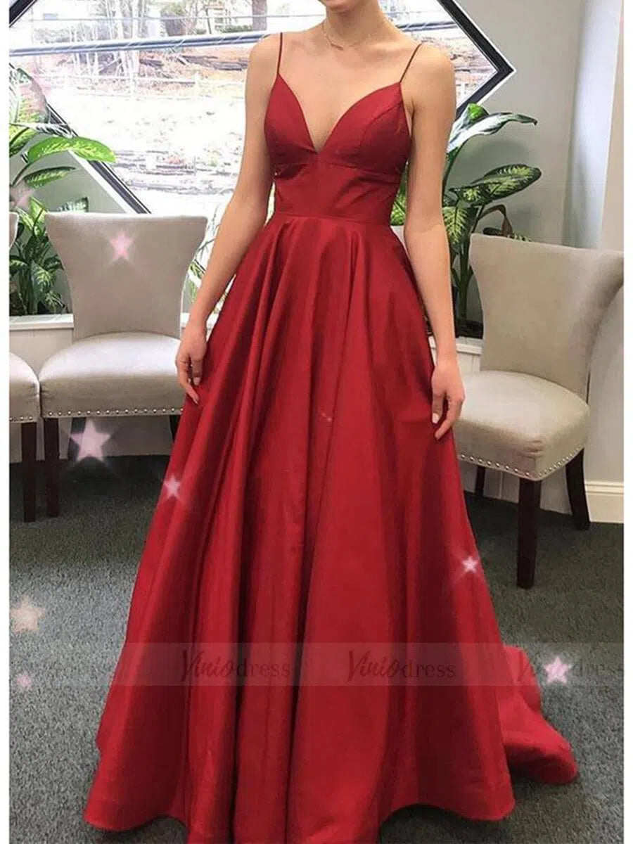 Burgundy Spaghetti Strap Long Prom Dresses with Pockets FD1596-prom dresses 2025 -Viniodress-Rose Red-Custom Size-