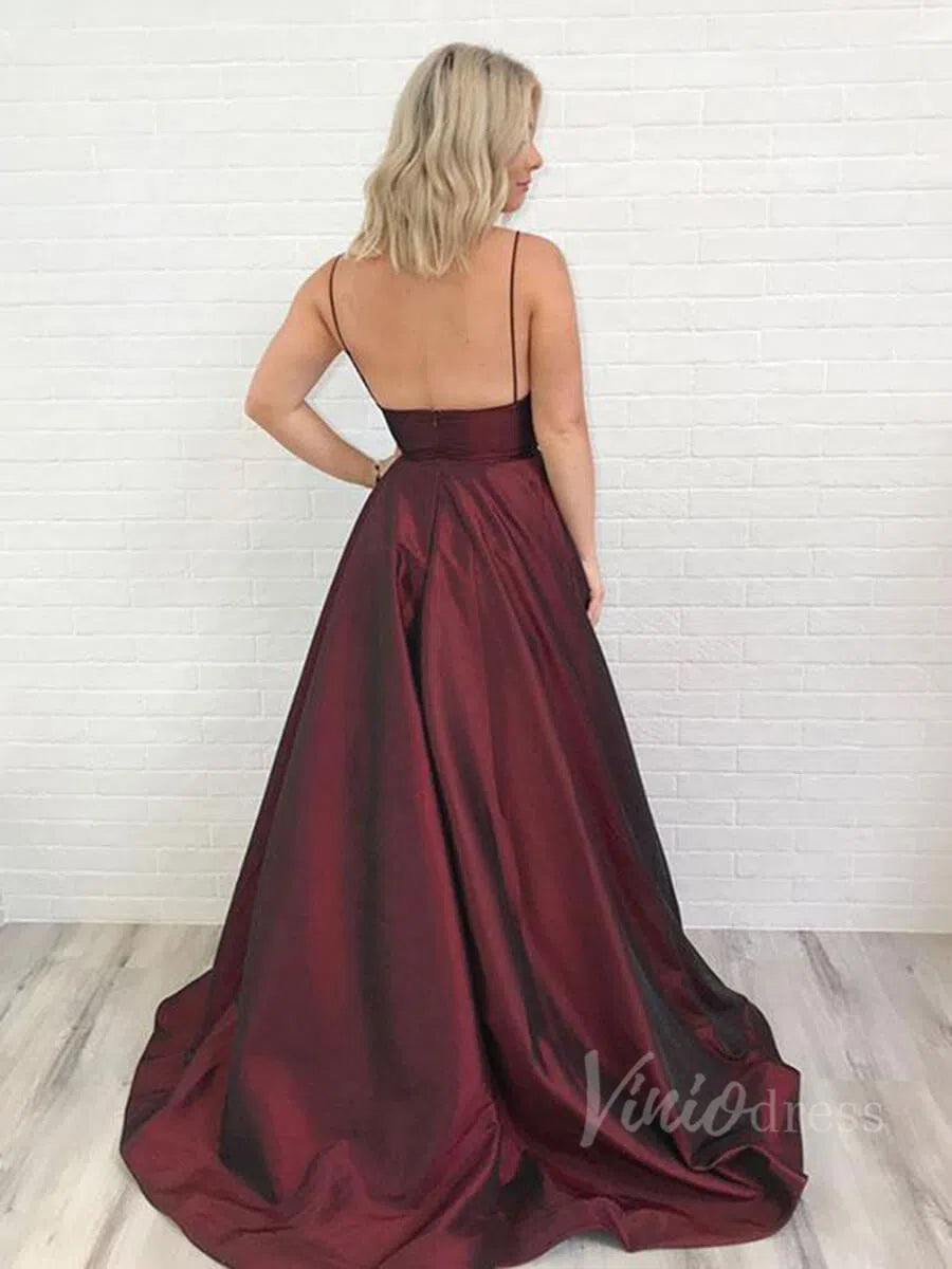 Burgundy Spaghetti Strap Long Prom Dresses with Pockets FD1596-prom dresses 2025 -Viniodress-Rose Red-Custom Size-