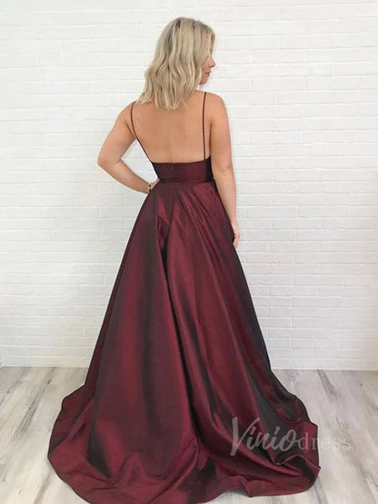 Burgundy Spaghetti Strap Long Prom Dresses with Pockets FD1596-prom dresses 2025 -Viniodress-Rose Red-Custom Size-