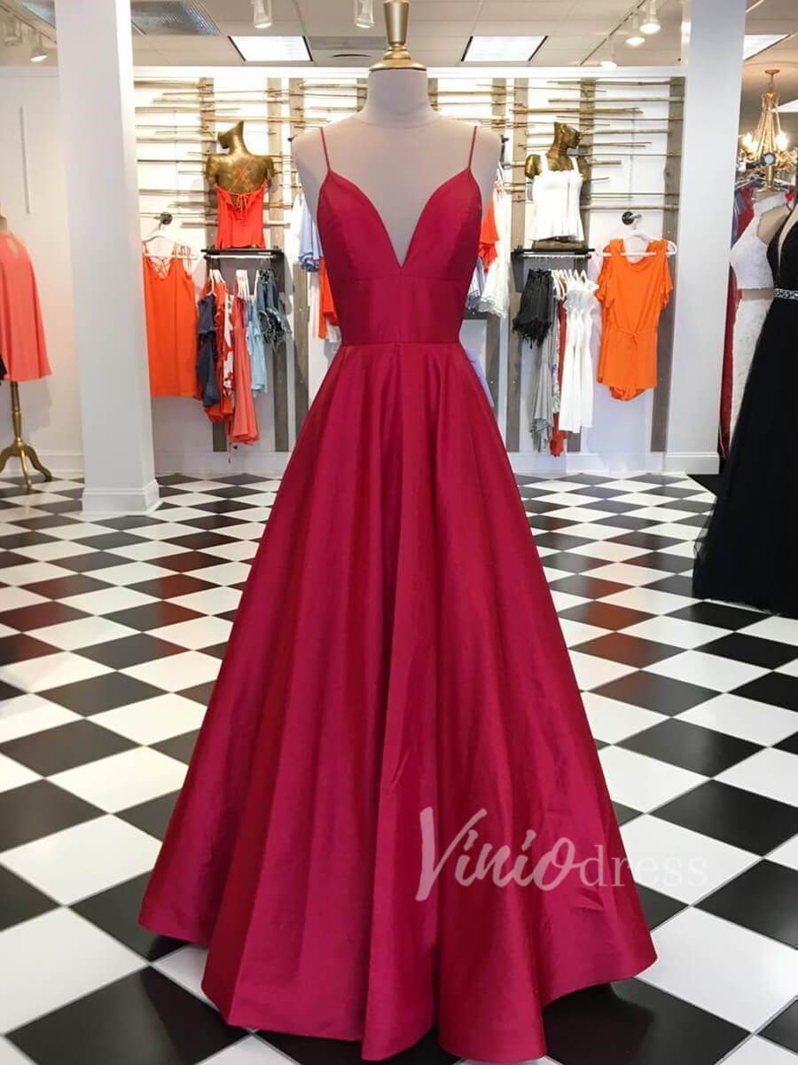 Burgundy Spaghetti Strap Long Prom Dresses with Pockets FD1596-prom dresses-Viniodress-Rose Red-Custom Size-Viniodress