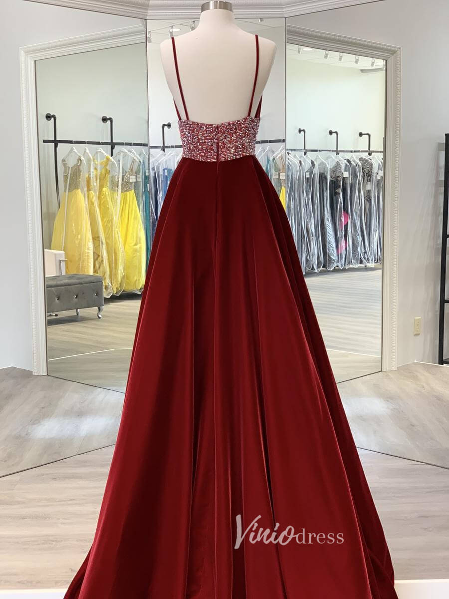 Burgundy Spaghetti Strap Prom Dresses With Slit Plunging V-Neck Evening Dress FD3048-prom dresses 2025 -Viniodress-Burgundy-Custom Size-