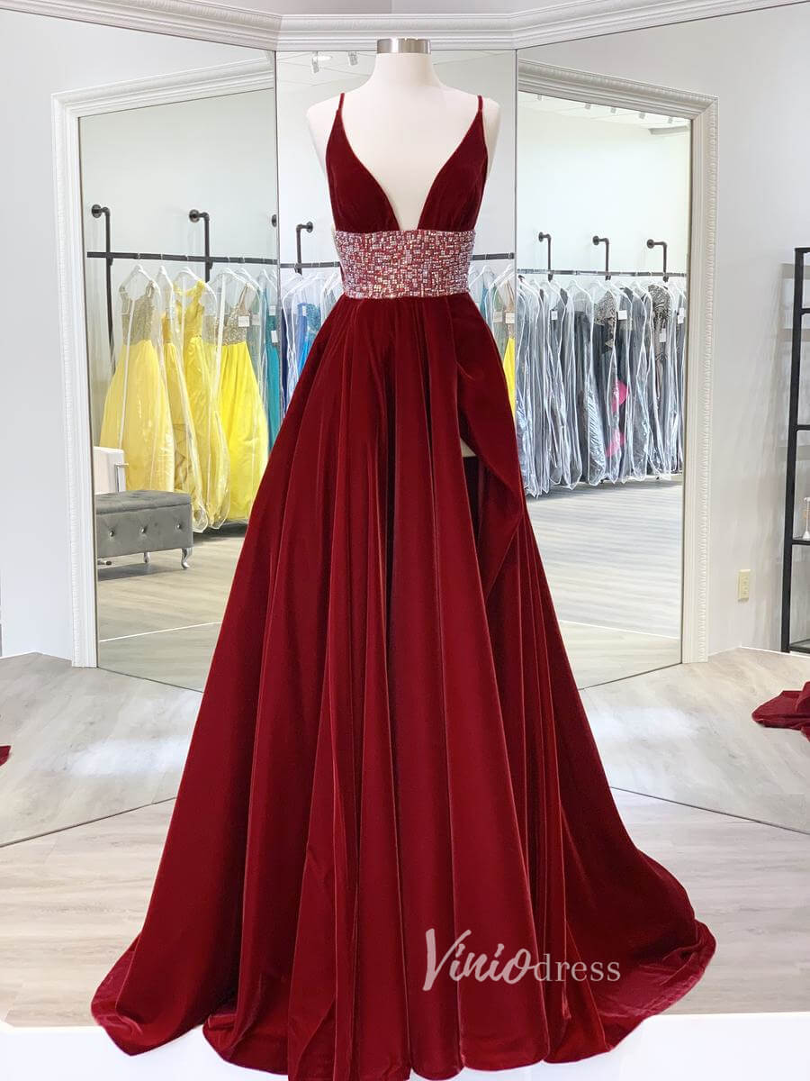 Burgundy Spaghetti Strap Prom Dresses With Slit Plunging V-Neck Evening Dress FD3048-prom dresses 2025 -Viniodress-Burgundy-Custom Size-