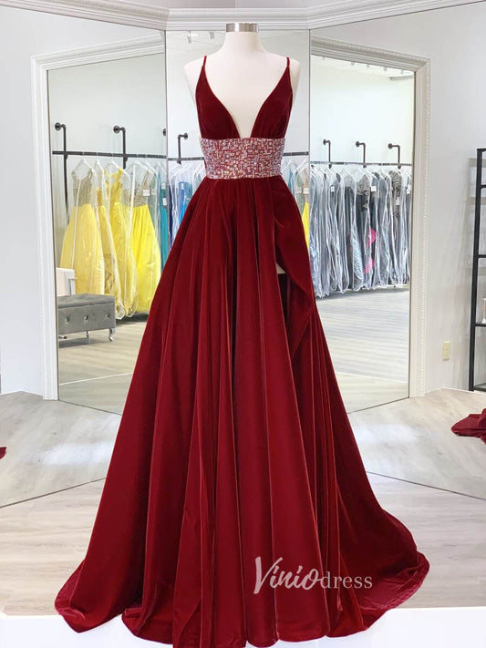 Burgundy Spaghetti Strap Prom Dresses With Slit Plunging V-Neck Evening Dress FD3048-prom dresses 2025 -Viniodress-Burgundy-Custom Size-