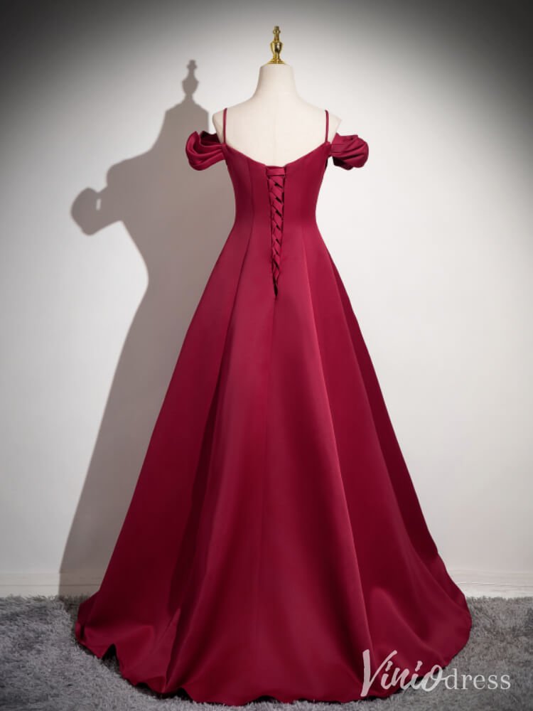 Burgundy Spaghetti Strap Satin Prom Dresses Puffed Sleeve Formal Dress AD1350-prom dresses 2025 -Viniodress-Burgundy-Custom Size-