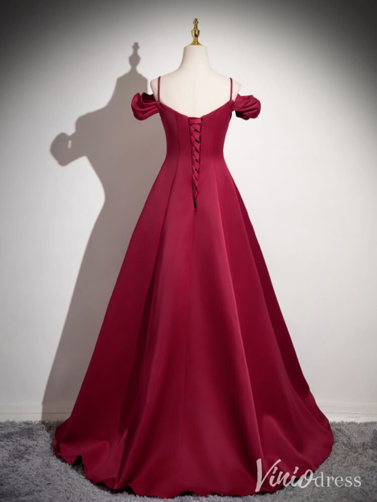 Burgundy Spaghetti Strap Satin Prom Dresses Puffed Sleeve Formal Dress AD1350-prom dresses-Viniodress-Viniodress