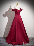 Burgundy Spaghetti Strap Satin Prom Dresses Puffed Sleeve Formal Dress AD1350-prom dresses-Viniodress-Viniodress