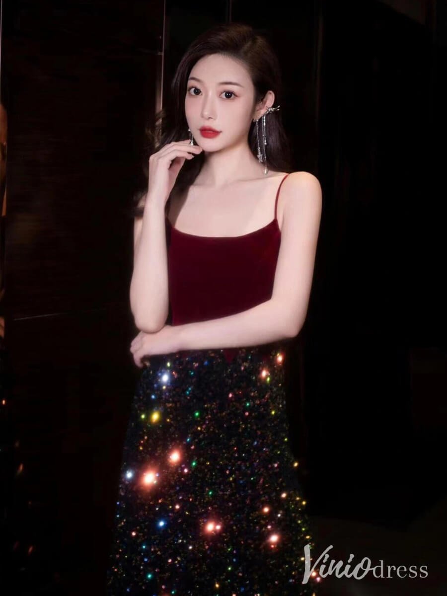 Burgundy Spaghetti Strap Sequin Prom Dresses Velvet V-Line Evening Dress AD1321-prom dresses 2025 -Viniodress-Burgundy-Custom Size-