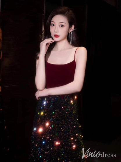 Burgundy Spaghetti Strap Sequin Prom Dresses Velvet V-Line Evening Dress AD1321-prom dresses 2025 -Viniodress-Burgundy-Custom Size-