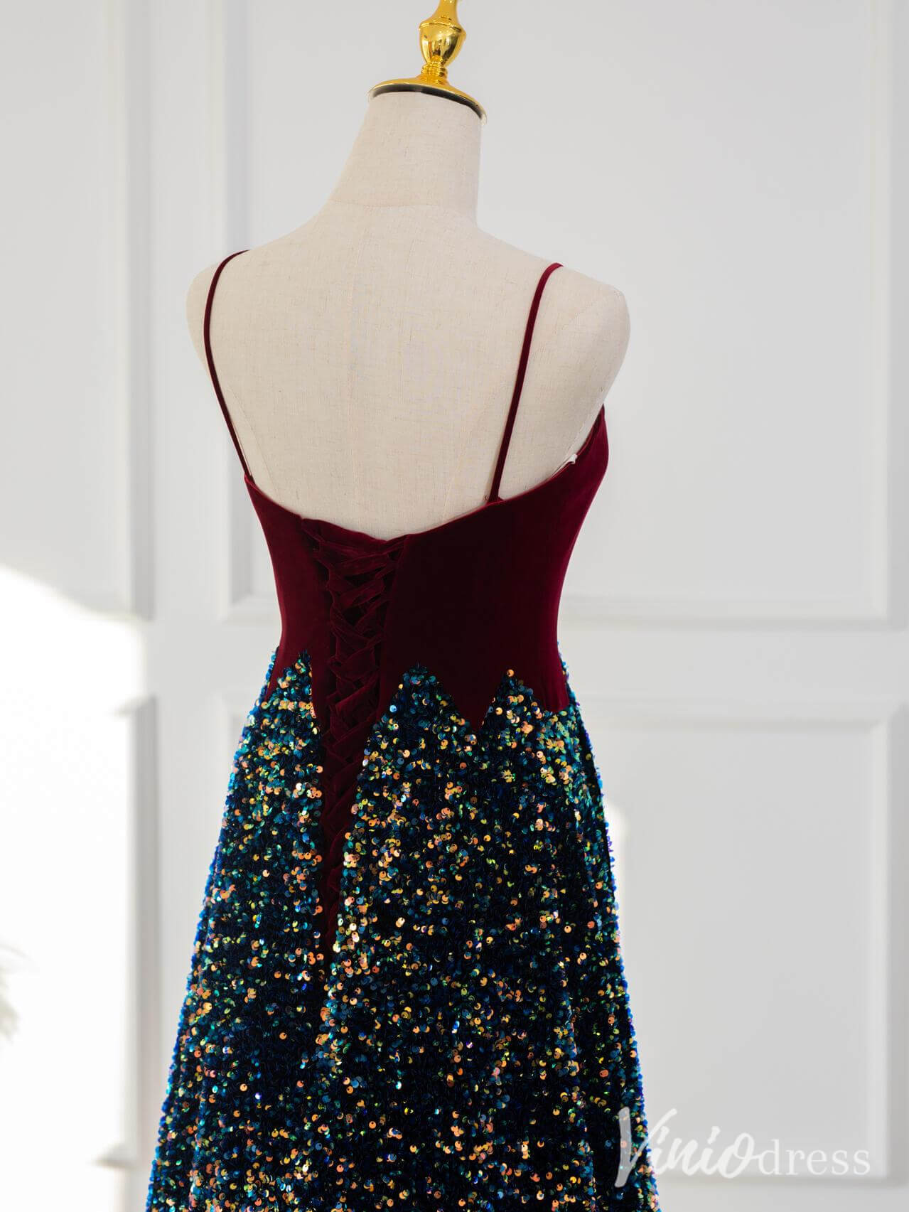 Burgundy Spaghetti Strap Sequin Prom Dresses Velvet V-Line Evening Dress AD1321-prom dresses 2025 -Viniodress-Burgundy-Custom Size-