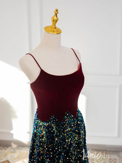 Burgundy Spaghetti Strap Sequin Prom Dresses Velvet V-Line Evening Dress AD1321-prom dresses 2025 -Viniodress-Burgundy-Custom Size-