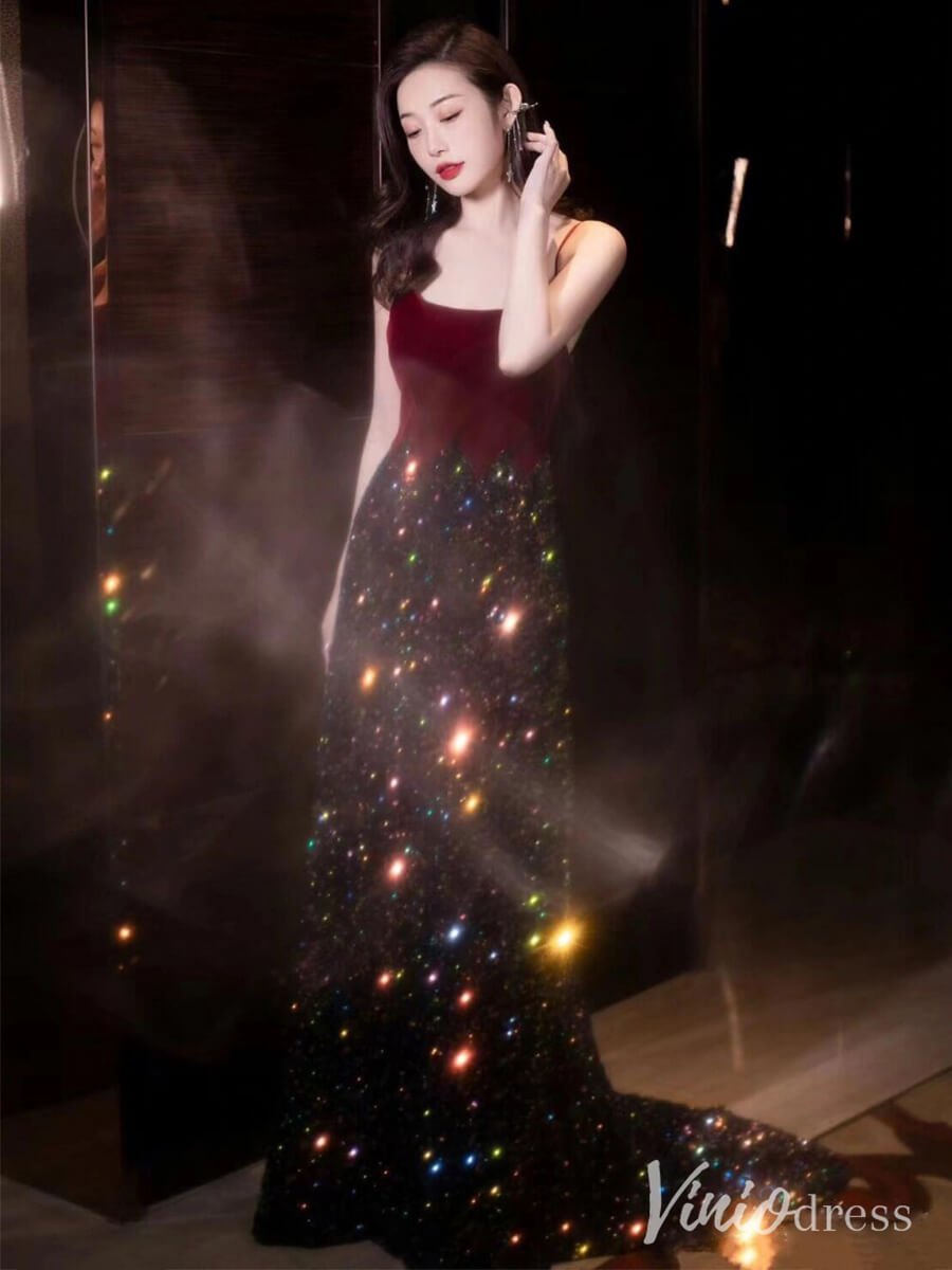 Burgundy Spaghetti Strap Sequin Prom Dresses Velvet V-Line Evening Dress AD1321-prom dresses 2025 -Viniodress-Burgundy-Custom Size-