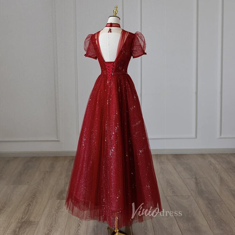 Burgundy Sparkly Tulle Prom Dresses Tea-Length Formal Dress FD3234-prom dresses 2025 -Viniodress-Burgundy-Custom Size-