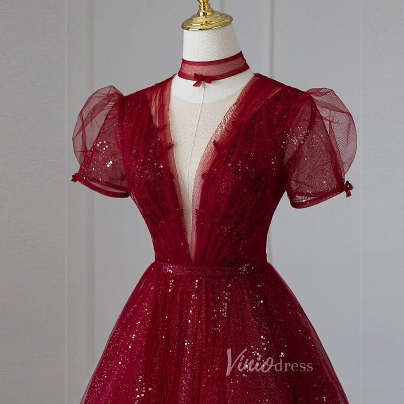 Burgundy Sparkly Tulle Prom Dresses Tea-Length Formal Dress FD3234-prom dresses 2025 -Viniodress-Burgundy-Custom Size-