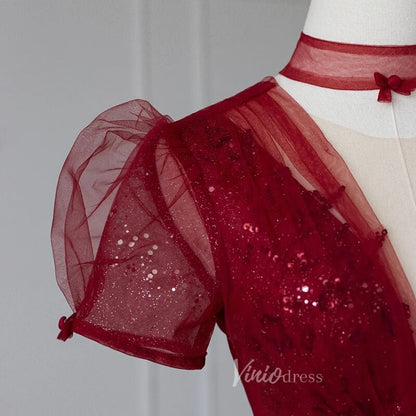 Burgundy Sparkly Tulle Prom Dresses Tea-Length Formal Dress FD3234-prom dresses 2025 -Viniodress-Burgundy-Custom Size-