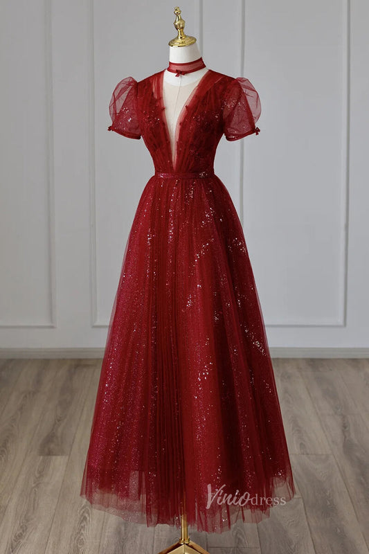 Prom Dress 2025 Burgundy Sparkly Tulle Prom Dresses Tea-Length Formal Dress FD3234-unique prom dresses-Burgundy-Custom Size-Viniodress