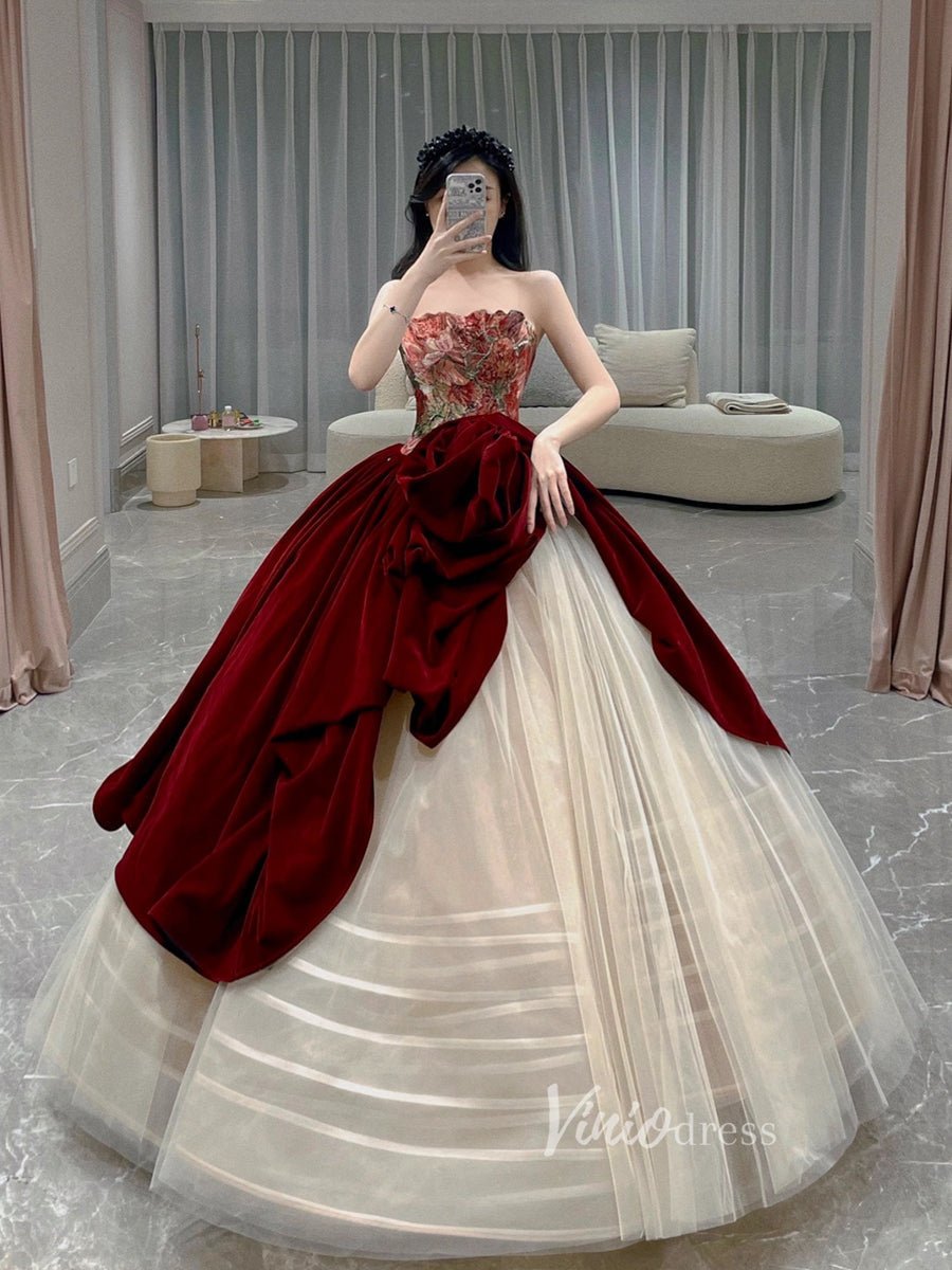 Burgundy Strapless Ball Gown Prom Dresses Rosette Sweet 16 Dress FD3219-prom dresses 2025 -Viniodress-Burgundy-Custom Size-