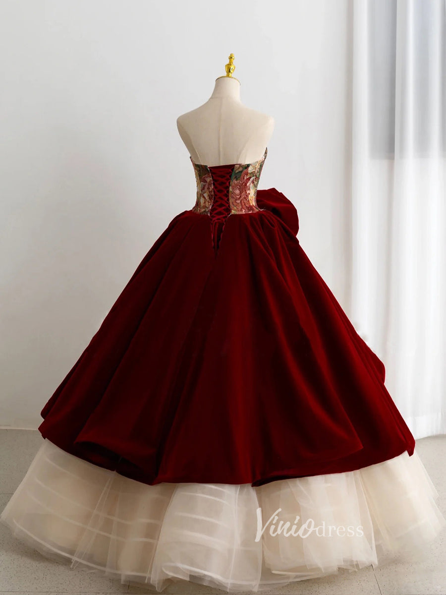 Prom Dress 2025 Burgundy Strapless Ball Gown Prom Dresses Rosette Sweet 16 Dress FD3219-unique prom dresses-Burgundy-Custom Size-Viniodress