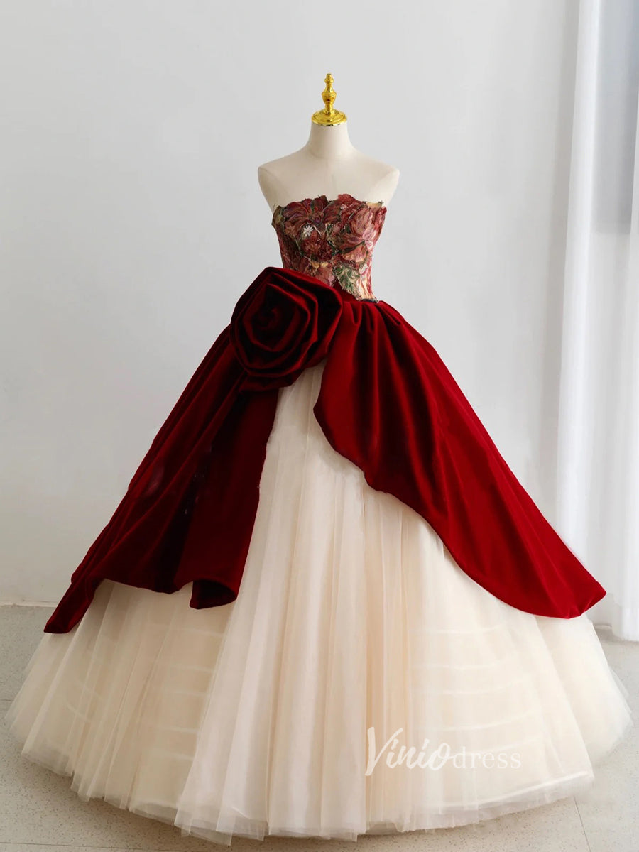 Prom Dress 2025 Burgundy Strapless Ball Gown Prom Dresses Rosette Sweet 16 Dress FD3219-unique prom dresses-Burgundy-Custom Size-Viniodress