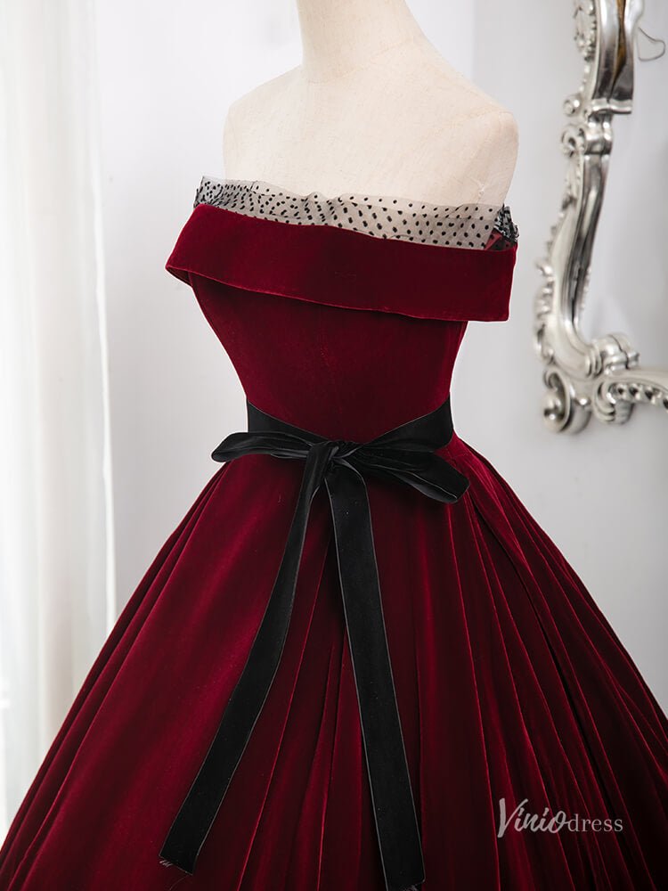 Burgundy Strapless Minimalist Prom Ball Gown Velvet Belt Quinceanera Dresses BG013-prom dresses 2025 -Viniodress-Burgundy-Custom Size-