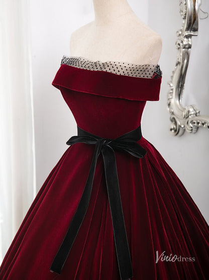 Burgundy Strapless Minimalist Prom Ball Gown Velvet Belt Quinceanera Dresses BG013-prom dresses 2025 -Viniodress-Burgundy-Custom Size-