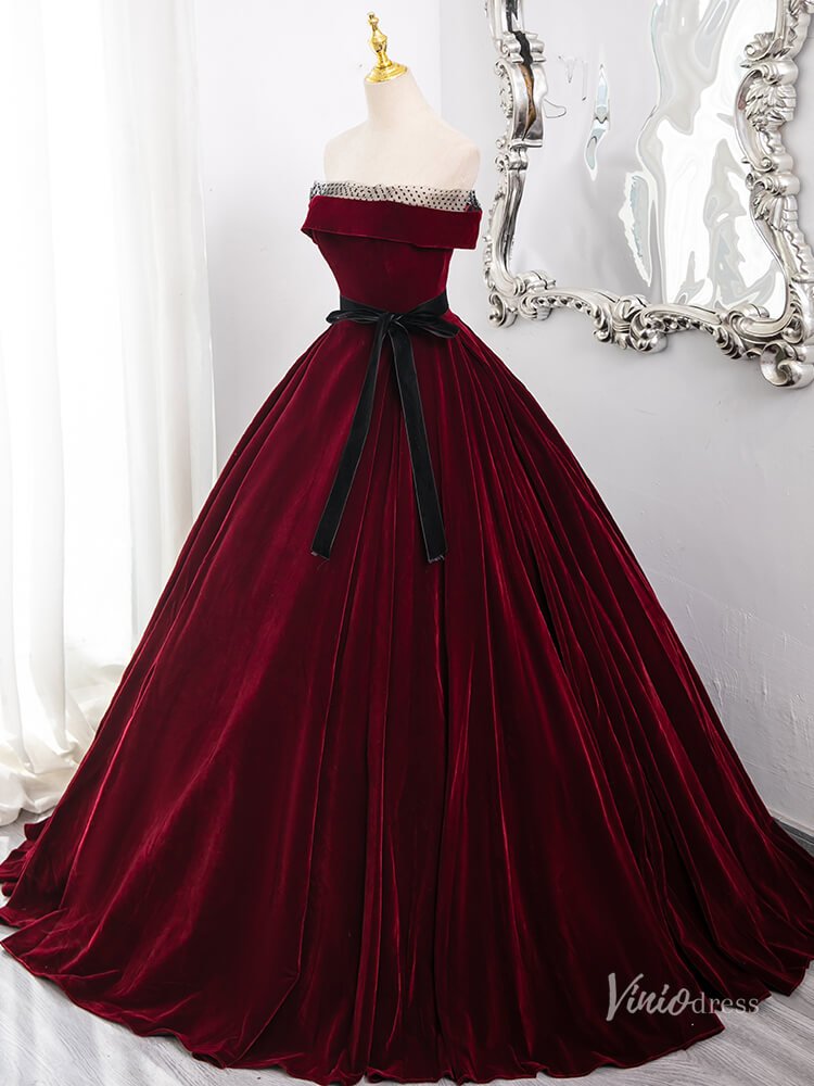 Burgundy Strapless Minimalist Prom Ball Gown Velvet Belt Quinceanera Dresses BG013-prom dresses 2025 -Viniodress-Burgundy-Custom Size-