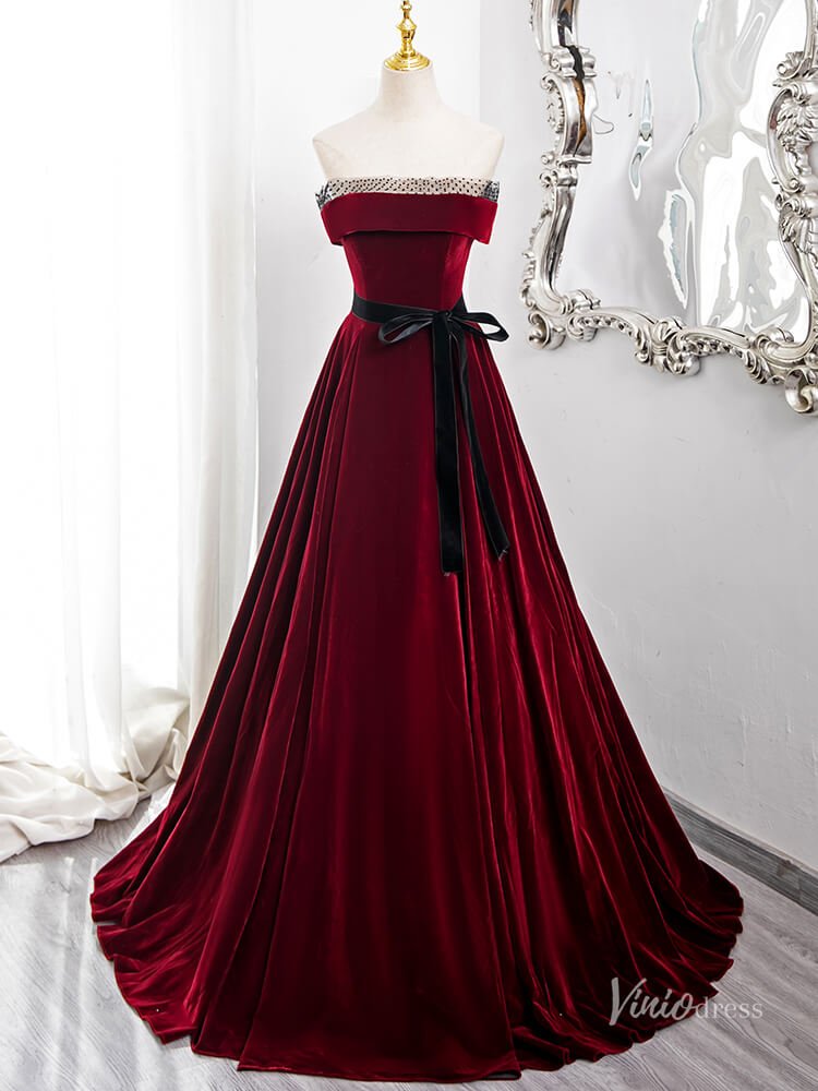 Burgundy Strapless Minimalist Prom Ball Gown Velvet Belt Quinceanera Dresses BG013-prom dresses 2025 -Viniodress-Burgundy-Custom Size-