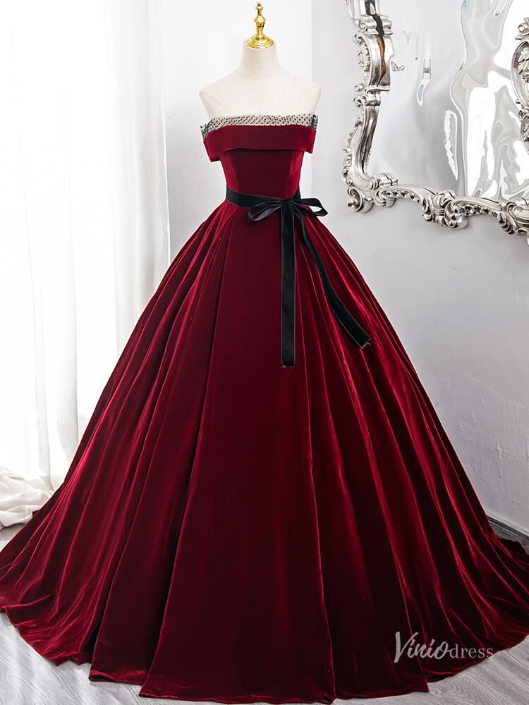 Burgundy Strapless Minimalist Prom Ball Gown Velvet Belt Quinceanera Dresses BG013-prom dresses 2025 -Viniodress-Burgundy-Custom Size-