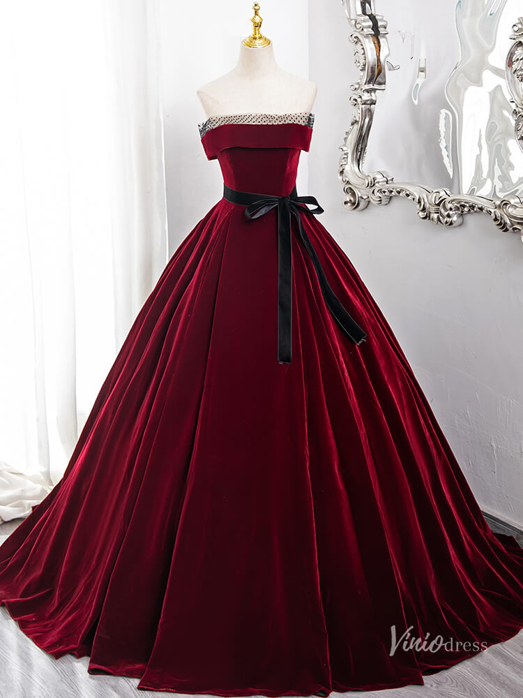 Prom Dress 2025 Burgundy Strapless Minimalist Prom Ball Gown Velvet Belt Quinceanera Dresses BG013-unique prom dresses-Burgundy-Custom Size-Viniodress