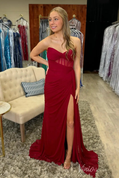 Burgundy Strapless Prom Dress with Pleated Sweetheart Bodice, Sheer Corset, Lace-Up Back and Slit – SS038-prom dresses 2025 -Viniodress-Burgundy-Custom Size-