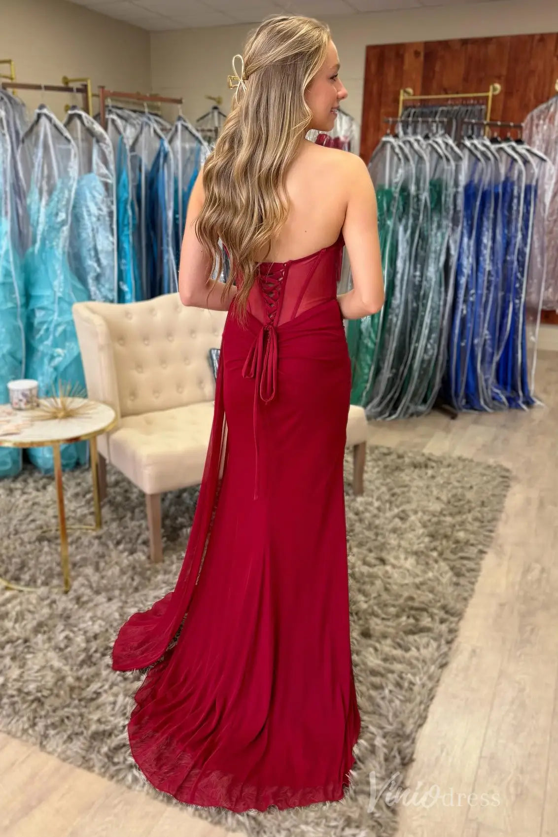 Burgundy Strapless Prom Dress with Pleated Sweetheart Bodice, Sheer Corset, Lace-Up Back and Slit – SS038-prom dresses 2025 -Viniodress-Burgundy-Custom Size-