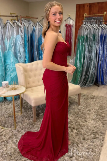 Burgundy Strapless Prom Dress with Pleated Sweetheart Bodice, Sheer Corset, Lace-Up Back and Slit – SS038-prom dresses 2025 -Viniodress-Burgundy-Custom Size-
