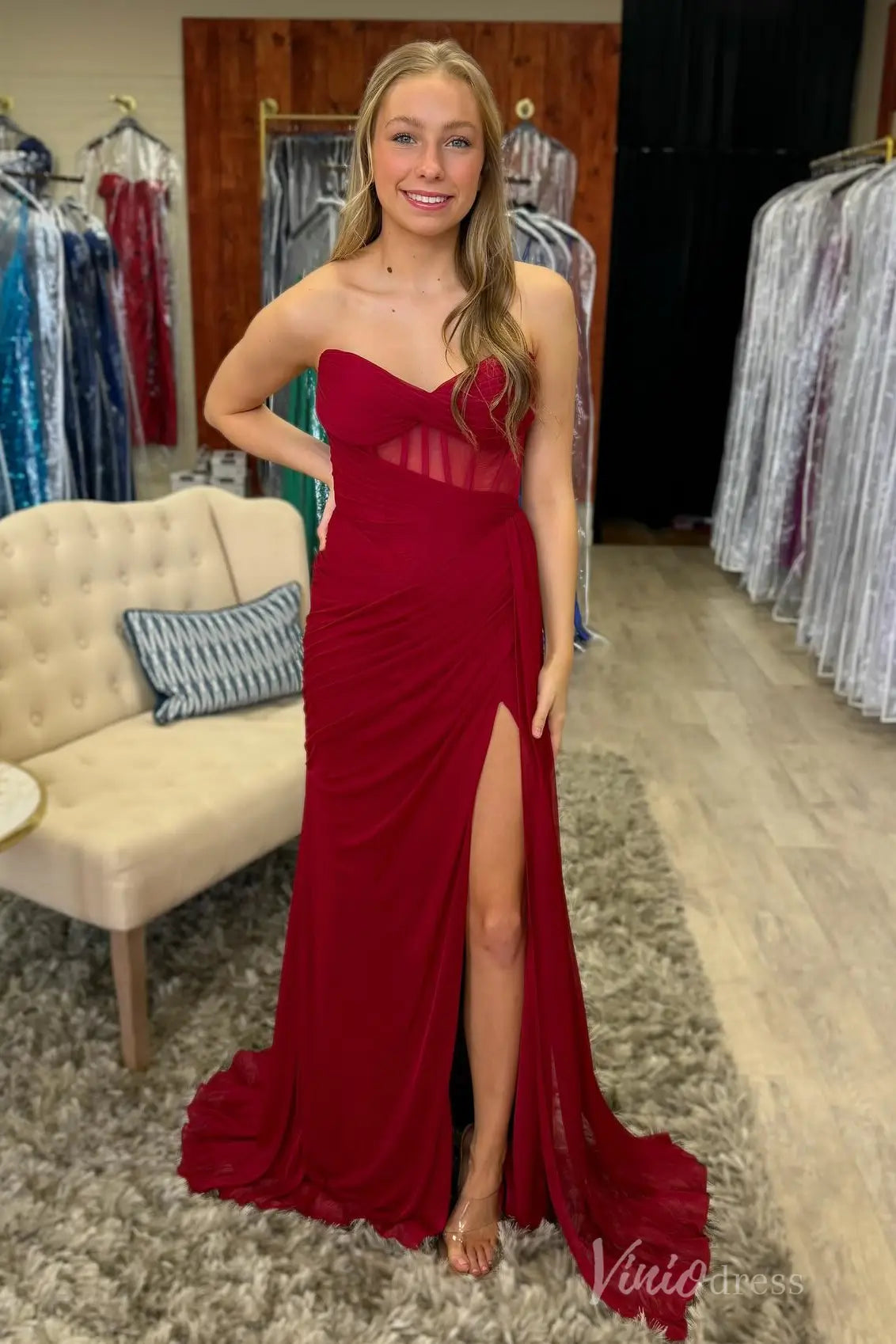 Burgundy Strapless Prom Dress with Pleated Sweetheart Bodice, Sheer Corset, Lace-Up Back and Slit – SS038-prom dresses 2025 -Viniodress-Burgundy-Custom Size-