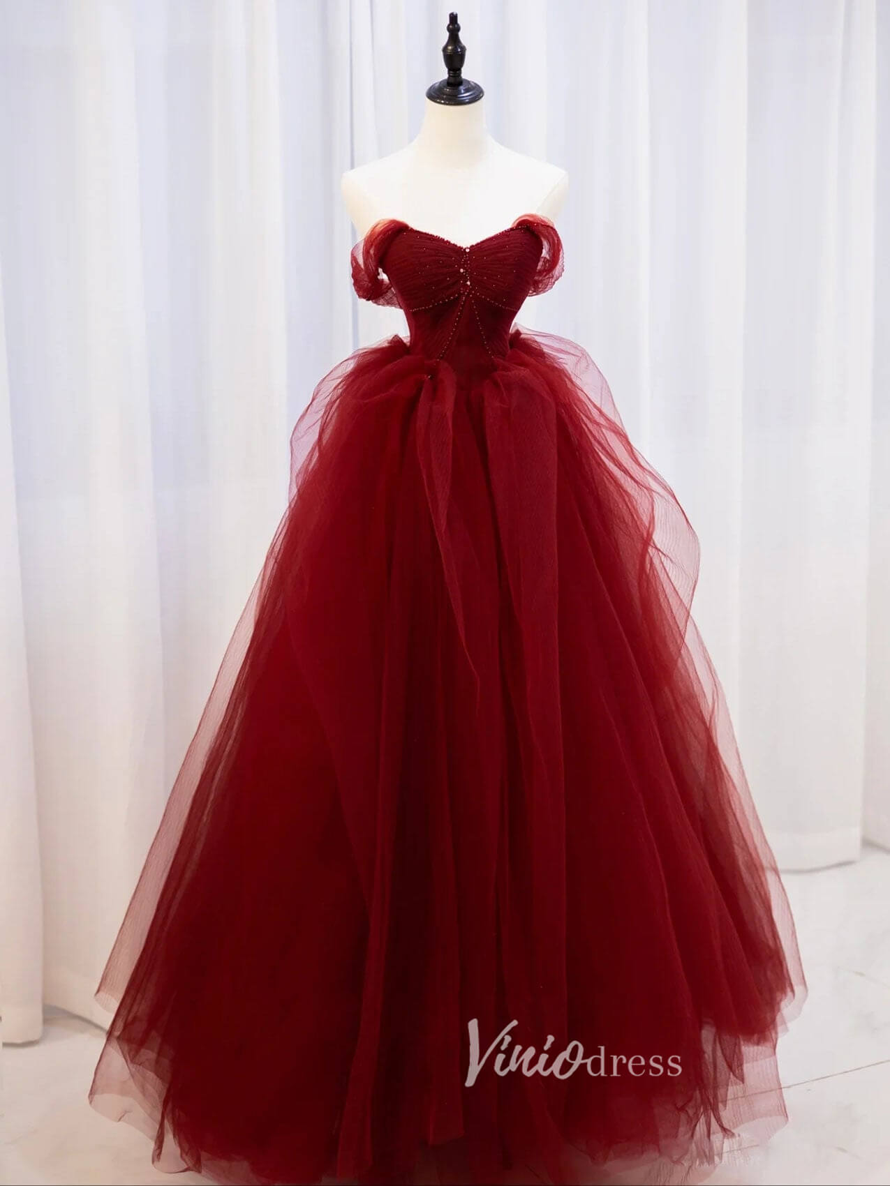 Burgundy Strapless Prom Dresses Pleated Tulle Evening Dress FD3099-prom dresses 2025 -Viniodress-Burgundy-Custom Size-
