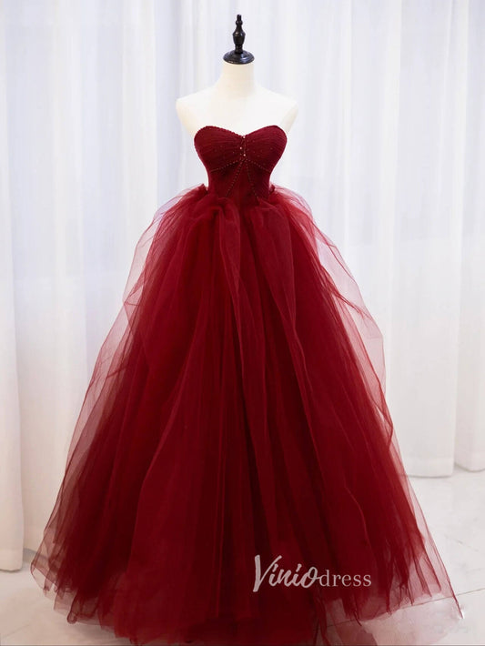 Burgundy Strapless Prom Dresses Pleated Tulle Evening Dress FD3099-prom dresses 2025 -Viniodress-Burgundy-Custom Size-
